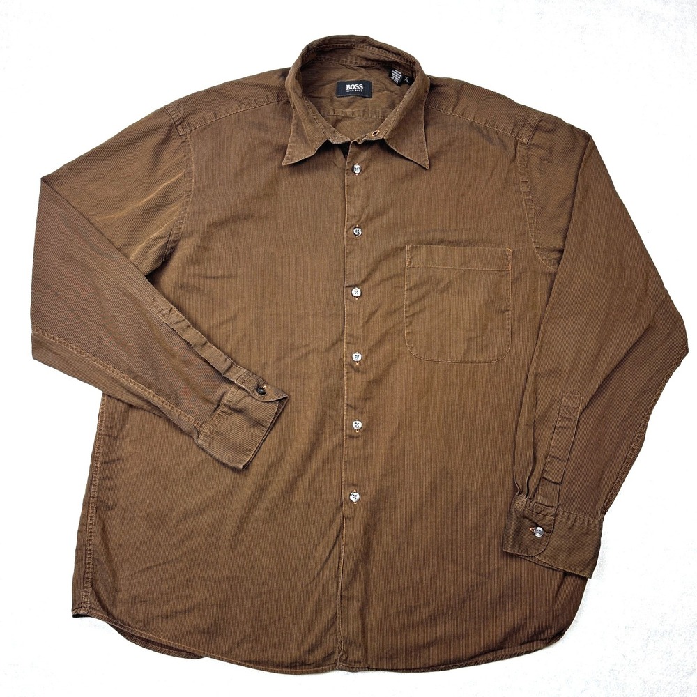 Vintage Hugo Boss Shirt Mens XL Brown Textured Vertical Ribbed Cotton Portugal